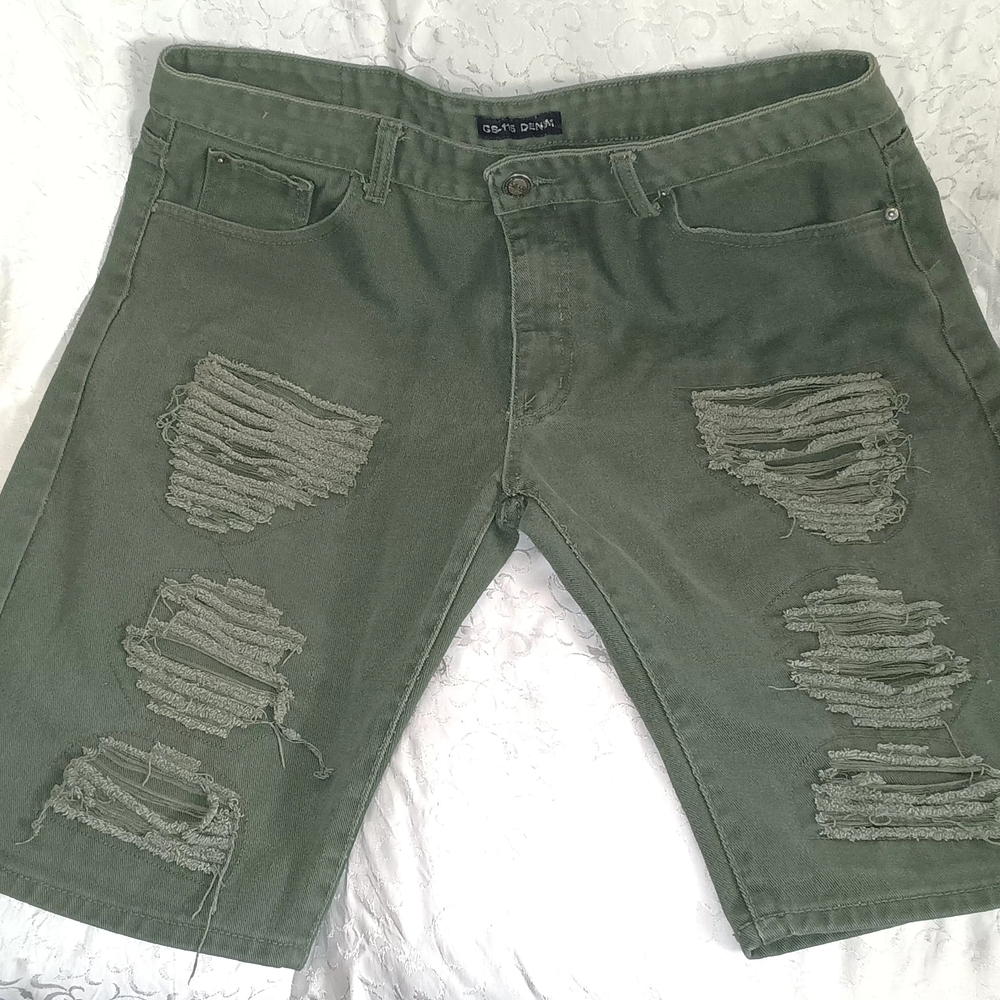 Olive Green Distressed Jean Shorts with Frayed Hem